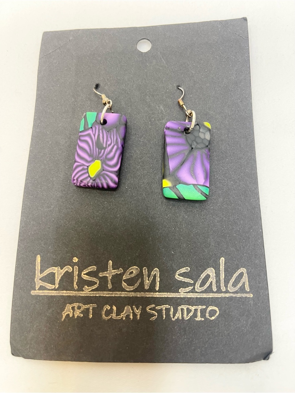 Purple Floral Rectangle Clay Earrings